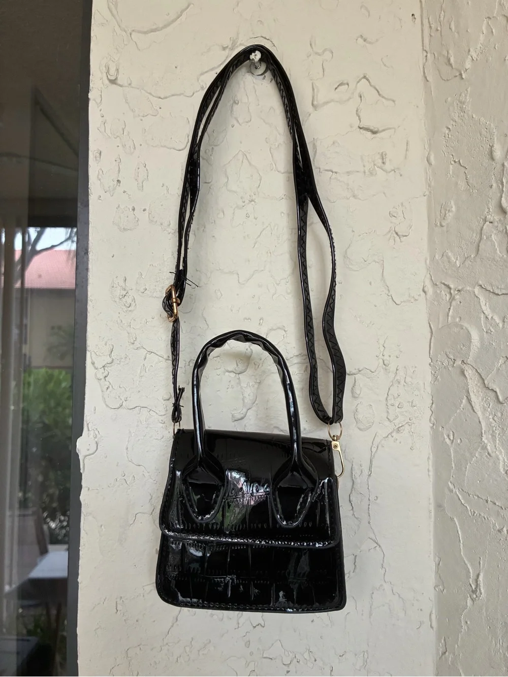 Black Patent Crocodile Embossed Mini Bag | Convertible Top Handle Crossbody - Picture 9 of 13